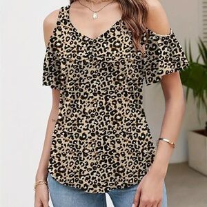 Leopard Ruffled Cut Out Black and Brown Blouse